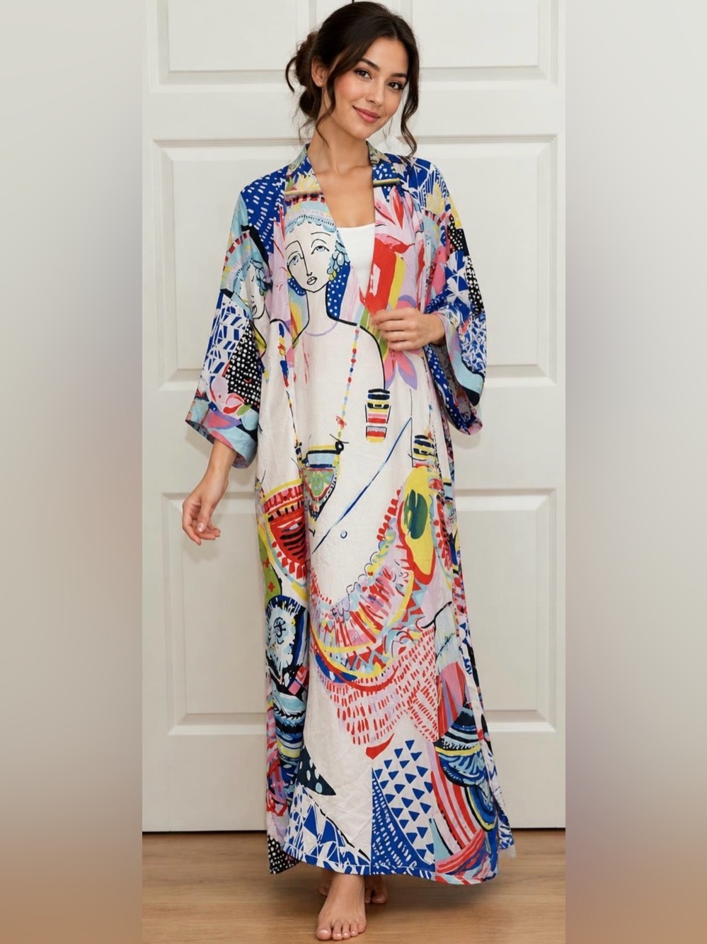 Maxi Modern Art Kimono Robe: Silky Beach Cover Up - Women New